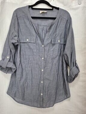 LOFT Light Navy Button-Front Roll-Sleeve Shirt